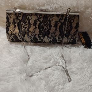 Champagne & Black Lace Evening Bag With Silver Chain Strap and Diamond 💎 Accent